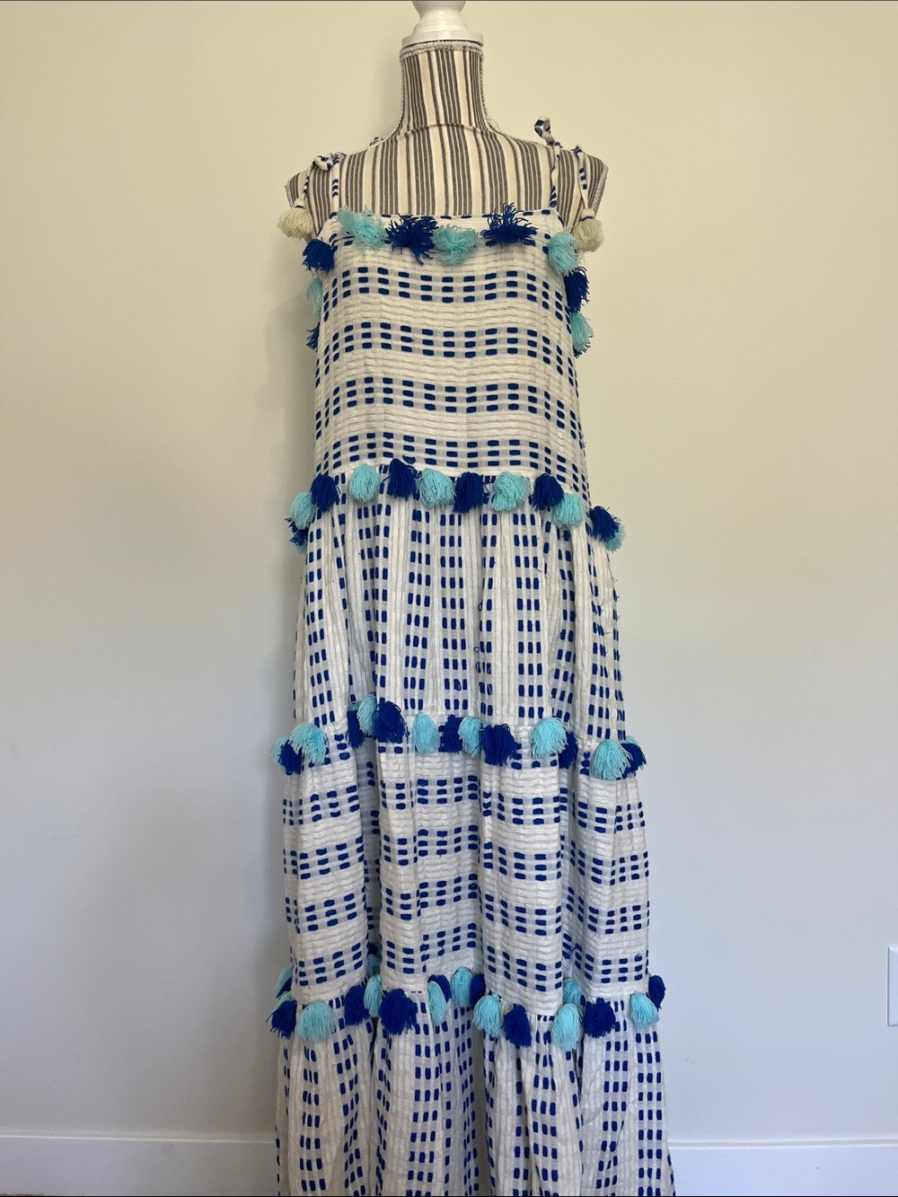 Women's White Maxi Dress with Blue Check and Pom-Pom Trim